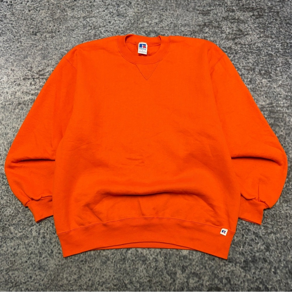 Vintage 90s Russell Athletic Crewneck Sweatshirt Blank Large Orange Made In USA